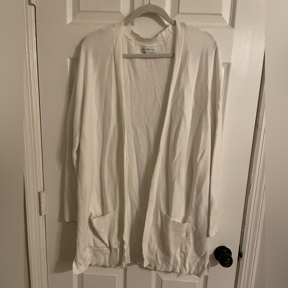 White Ribbed Cardigan with Pockets by Kim Rogers Size L